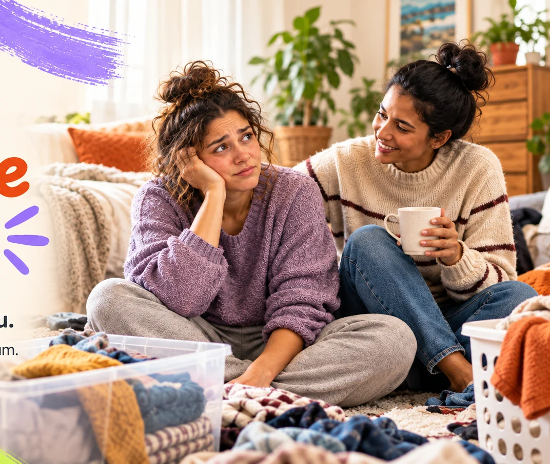 One woman sits amid a pile of clothes while another woman sits beside her with a warm, supportive expression.